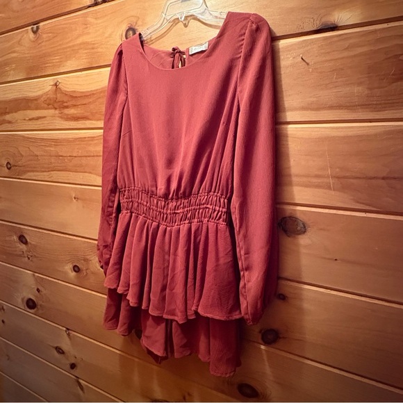 Altar'd State Deep Warm Terracotta Ruffled Long Sleeve A-Line Romper size L - Picture 2 of 9
